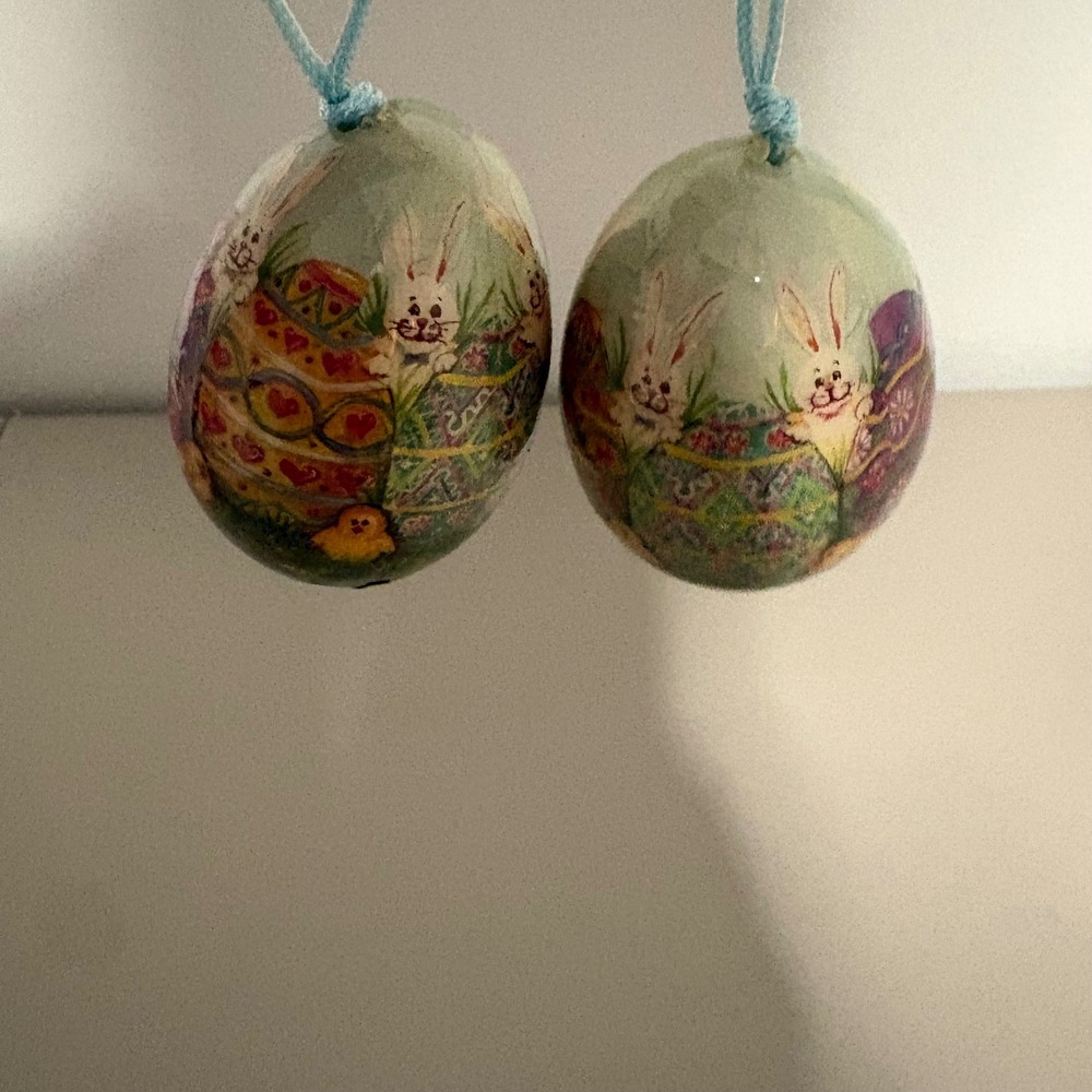 Vintage Decoupage Easter Egg Ornaments Set of 2 Bunny Chick Spring Decor Tree - Picture 3 of 5